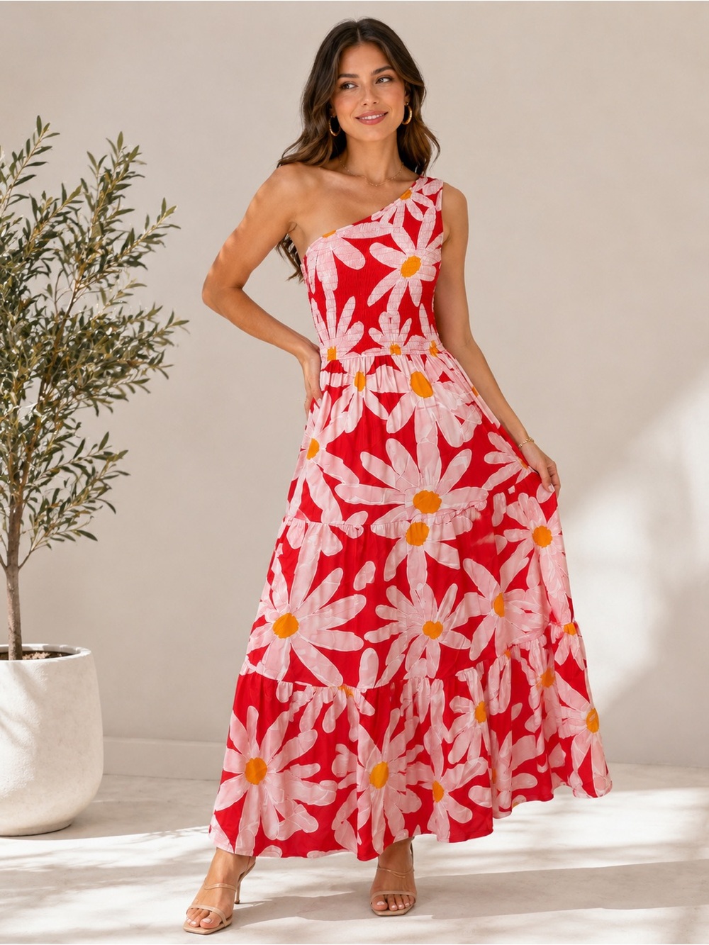 Floral One Shoulder Maxi Dress Size Small 100% Rayon